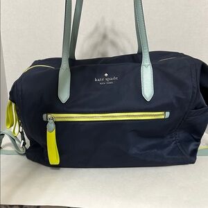 kate spade nylon weekender bag in navy w/ light blue handles and yellow accents